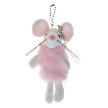 Bílá závěsná myška s růžovým kožíškem a mašlí MLLLTW0003