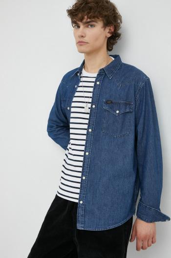 Džínová košile Lee pánská, tmavomodrá barva, regular, s klasickým límcem