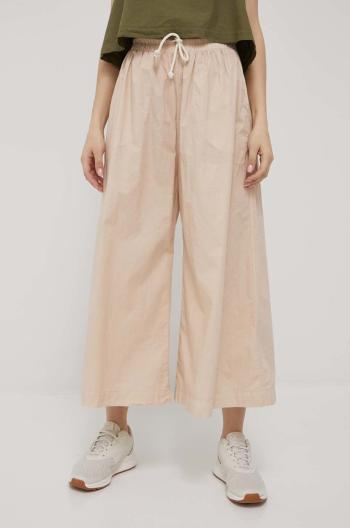Bavlněné kalhoty Deha dámské, béžová barva, široké, high waist