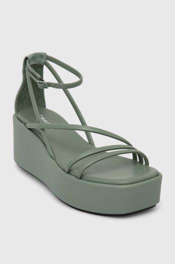 Kožené sandály Calvin Klein WEDGE SANDAL 30 LTH dámské, zelená barva, na platformě, HW0HW01949