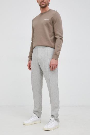Plátěné kalhoty Emporio Armani pánské, šedá barva, jednoduché