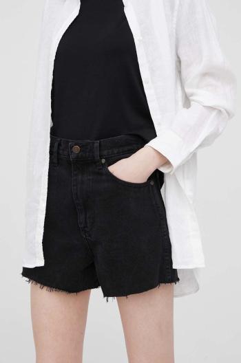 Džínové šortky Wrangler dámské, černá barva, hladké, high waist