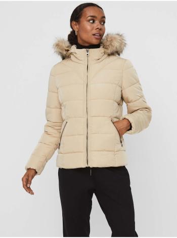 Béžová dámská prošívaná zimní bunda s kapucí a umělým kožíškem VERO MODA Mollie