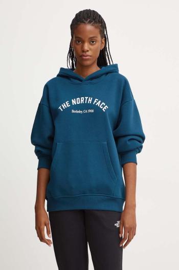 Mikina The North Face Hoodie Varsity Graphic dámská, tyrkysová barva, s kapucí, s potiskem, NF0A89CS1NO1