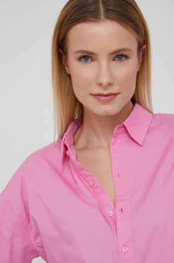Bavlněné tričko Noisy May dámská, růžová barva, relaxed, s klasickým límcem