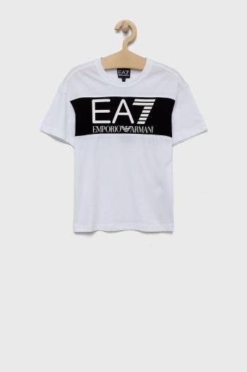 Dětské bavlněné tričko EA7 Emporio Armani bílá barva, s potiskem