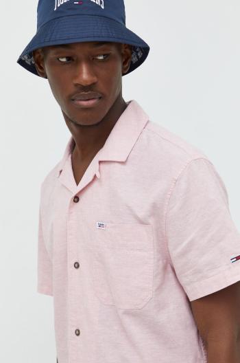 Košile ze směsi lnu Tommy Jeans pánská, růžová barva, regular, s klasickým límcem