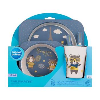 Canpol babies Bonjour Paris Tableware Set Blue nádobí miska 300 ml + talíř 250 ml + hrnek 250 ml + lžíce + vidlička pro děti poškozená krabička