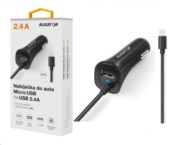 Aligator nabíječka do auta Turbo charge, 12/24 V, 2, 4 A, microUSB, 1x USB výstup, černá