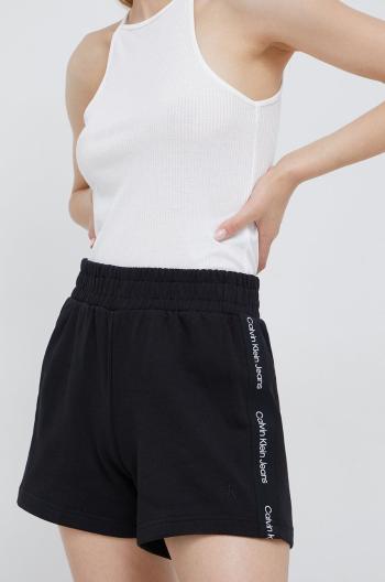 Bavlněné šortky Calvin Klein Jeans dámské, černá barva, s aplikací, high waist