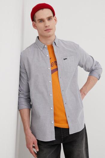 Bavlněné tričko Superdry šedá barva, regular, s límečkem button-down