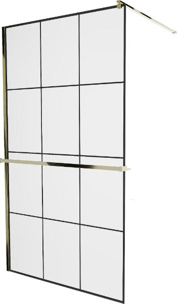 MEXEN/S KIOTO Sprchová zástěna WALK-IN s poličkou a držákem ručníků 120 x 200 cm, transparent/černá 8 mm, zlatá 800-120-121-50-77