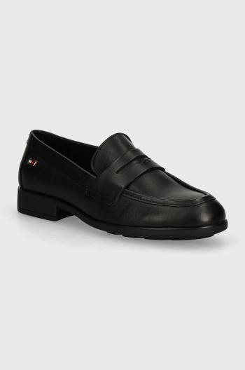 Kožené mokasíny Tommy Hilfiger FLAG LEATHER CLASSIC LOAFER dámské, černá barva, na plochém podpatku, FW0FW08030