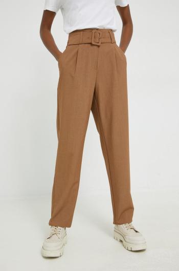 Kalhoty Vila dámské, hnědá barva, jednoduché, high waist