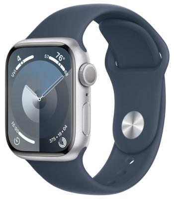 Apple Watch Series 9, 45mm, Silver, Storm Blue Sport Band - S/M (MR9D3QC/A)