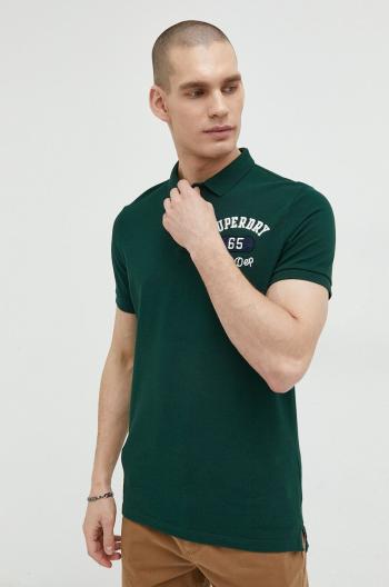 Bavlněné polo tričko Superdry zelená barva, s aplikací