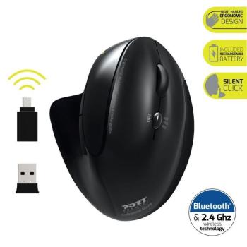 PORT vertikální bezdrátová ergonomická myš, BT, 2, 4 GHz, USB-A/C, pro praváky, černá