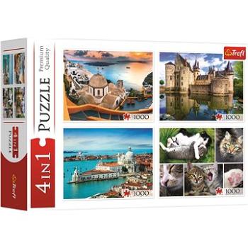 Trefl Puzzle Santorini, Benátky, Zámek Sully-sur-Loire a Kočky 4x1000 dílků (93082)