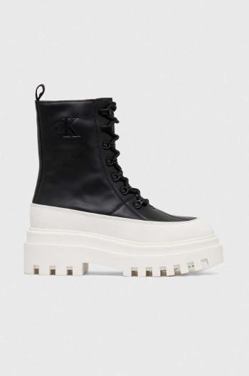 Kožené workery Calvin Klein Jeans FLATFORM LACE UP BOOT LTH dámské, černá barva, na platformě, YW0YW01110