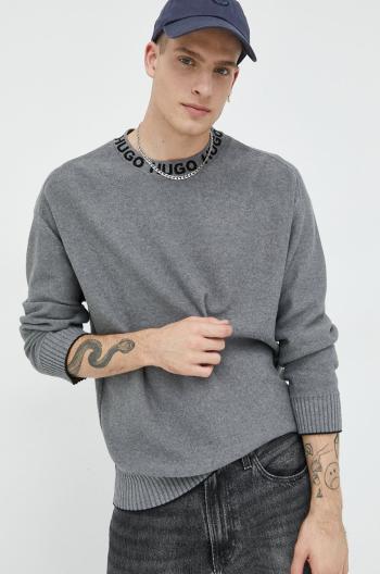 Bavlněný svetr HUGO pánský, šedá barva, lehký