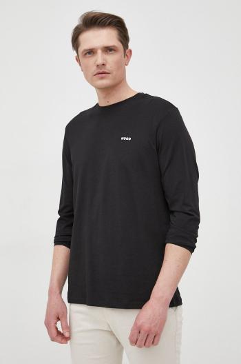 Bavlněné tričko s dlouhým rukávem HUGO černá barva, s potiskem