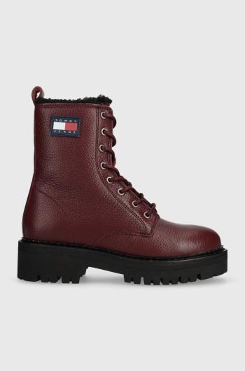 Kožené workery Tommy Jeans TJW URBAN BOOT TUMBLED LTR WL dámské, vínová barva, na plochém podpatku, zateplené, EN0EN02317