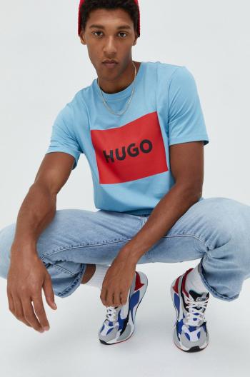 Bavlněné tričko HUGO tyrkysová barva, s potiskem