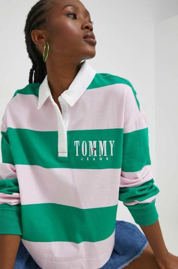 Bavlněné tričko s dlouhým rukávem Tommy Jeans zelená barva, s límečkem