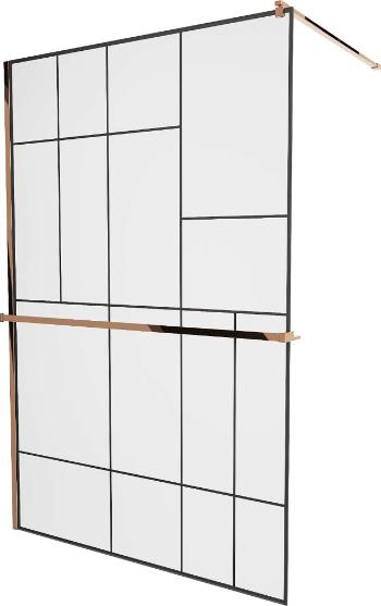 MEXEN/S KIOTO Sprchová zástěna WALK-IN s poličkou a držákem ručníků 120 x 200 cm, transparent/černá 8 mm růžové zlato 800-120-121-60-78