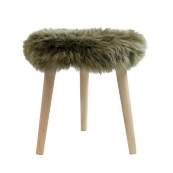 Dřevěná kulatá stolička se šedo - zeleným sedákem z ovčí kůže - Ø 36*45cm POKRROG