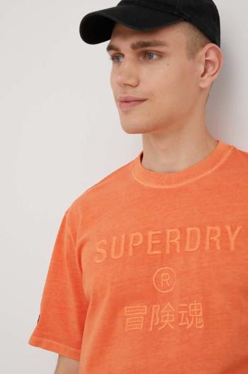 Bavlněné tričko Superdry oranžová barva, s aplikací