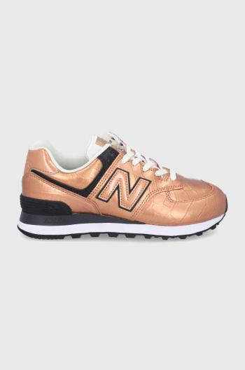 Kožené boty New Balance WL574PX2 zlatá barva, na plochém podpatku
