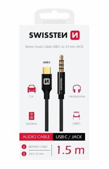 SWISSTEN AUDIO ADAPTÉR TEXTILE USB-C (samec)/3,5 mm JACK (samec) 1,5M 1,5 M 73501303, černý