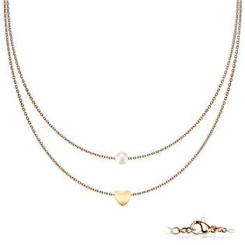 Šperky4U Dvojitý zlacený ocelový náhrdelník se srdíčkem a perličkou - OPD0225-RD