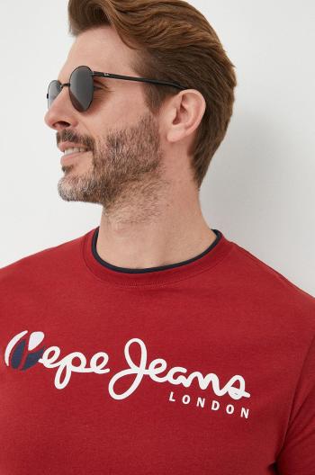Bavlněné tričko Pepe Jeans vínová barva, s potiskem