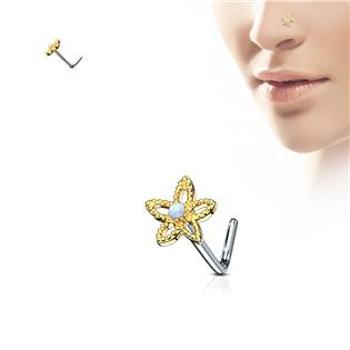 Šperky4U Zlacený piercing do nosu kytička - opál - N0085-GD