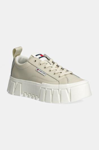 Kožené sneakers boty Tommy Jeans TJW VULC FLATFORM LC LEATHER béžová barva, EN0EN02610