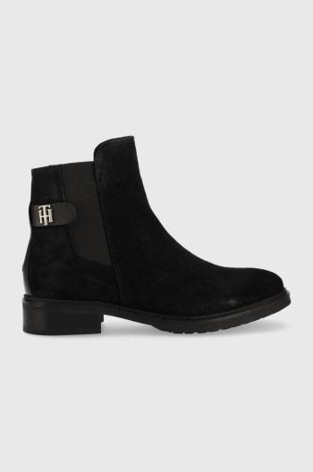 Semišové kotníkové boty Tommy Hilfiger Th Suede Flat Boot dámské, černá barva, na plochém podpatku