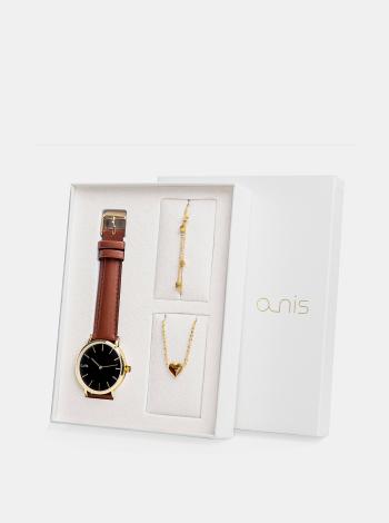 Sada dámského náramku, náhrdelníku a hodinek s hnědým koženým páskem a-nis