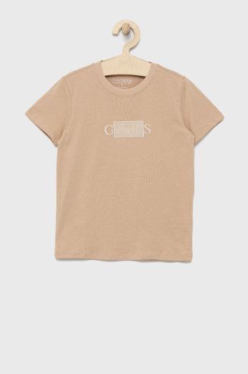 Dětské bavlněné tričko Guess béžová barva, s aplikací
