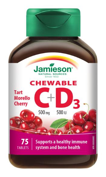 Jamieson Vitamíny C a D3 500 mg/500 IU tablety na cucání s příchutí třešně 75 tablet
