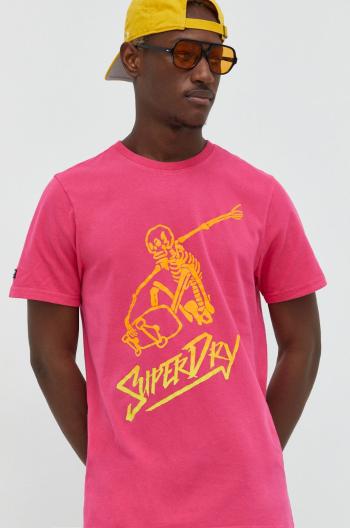 Bavlněné tričko Superdry růžová barva, s potiskem