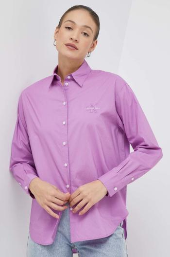 bavlněné tričko Calvin Klein Jeans , fialová barva, relaxed, s klasickým límcem