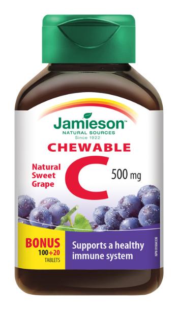 Jamieson Vitamín C 500 mg tablety na cucání s příchutí hrozna 120 ks