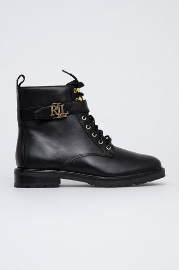Kožené kotníkové boty Lauren Ralph Lauren dámské, černá barva, na plochém podpatku