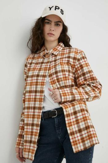 Bavlněné tričko Wrangler hnědá barva, relaxed, s klasickým límcem