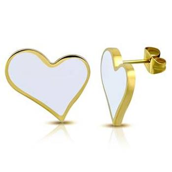 Šperky4U Zlacené ocelové náušnice srdce bílá - OPN1474-GDW