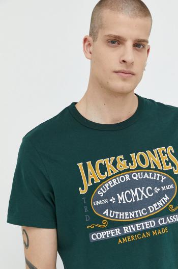 Bavlněné tričko Jack & Jones zelená barva, s potiskem