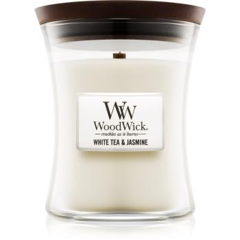 Woodwick White Tea & Jasmine vonná svíčka s dřevěným knotem 275 g