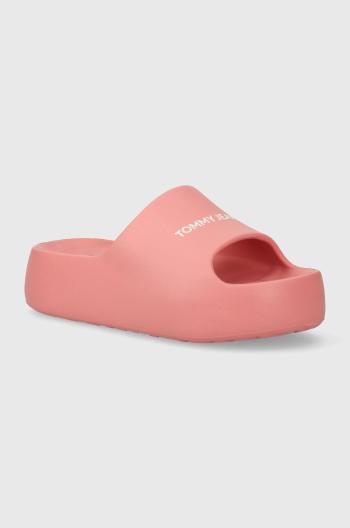 Pantofle Tommy Jeans TJW CHUNKY FLATFORM SLIDE dámské, růžová barva, na platformě, EN0EN02454